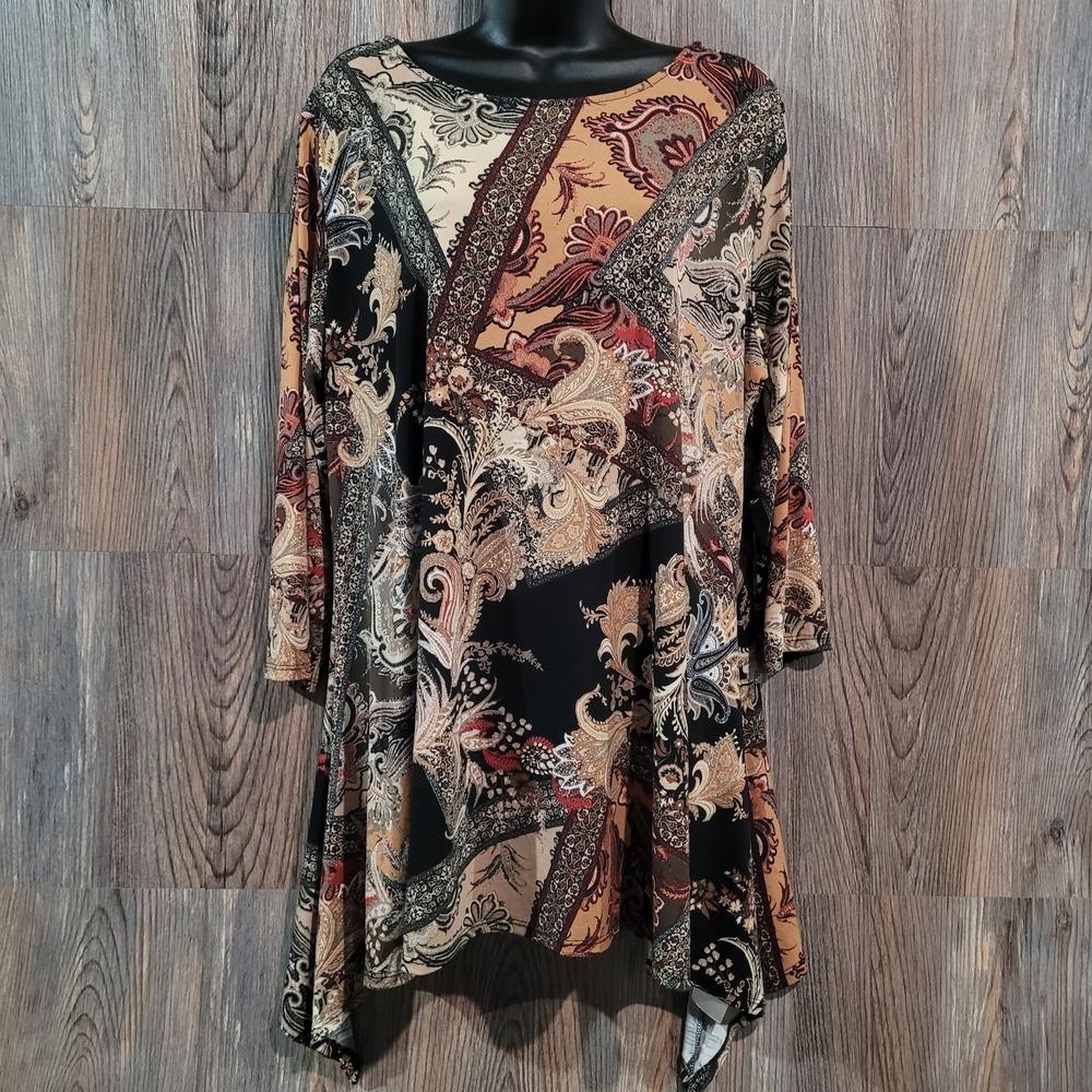 Attitudes by Renee Ornate Paisley Tunic Oversize Large Brown/Beige Maximalist